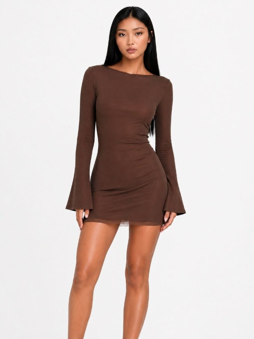 Princess Polly Lukea Brown Mesh Mini Dress Long Sleeve Tie Back Size 2 - Picture 2 of 5